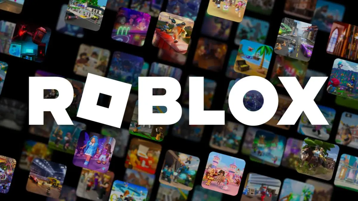 Roblox logo surrounded by different games.