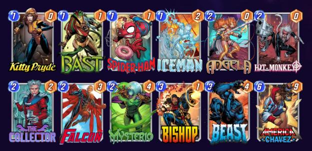 Marvel Snap deck consisting of Kitty Pryde, Bast, Spider-Ham, Iceman, Angela, Hit-Monkey, The Collector, Falcon, Mysterio, Bishop, Beast, and America Chavez. 