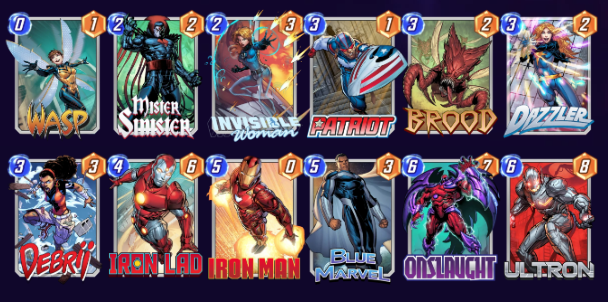 Marvel Snap deck consisting of Wasp, Mister Sinister, Invisible Woman, Patriot, Brood, Dazzler, Debrii, Iron Lad, Iron Man, Blue Marvel, Onslaught, and Ultron. 