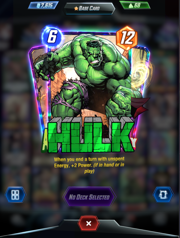 The Hulk card, showing his green and radiated skin while smashing his way to the battlefield. 