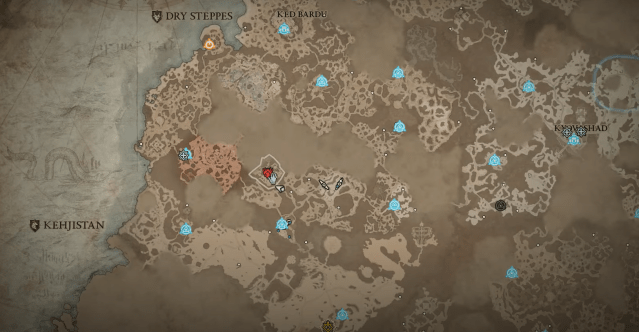 Image of the map of the Dry Steppes in Diablo 4, centered on the Temple of Rot in the western portion of the region.