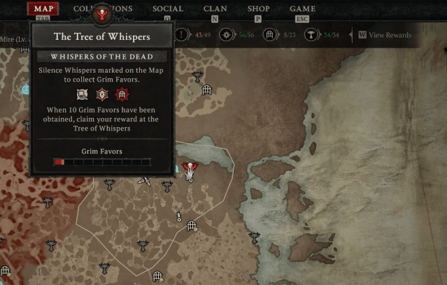 Image of the map in Diablo 4 showing a Whisper of the Dead quest.