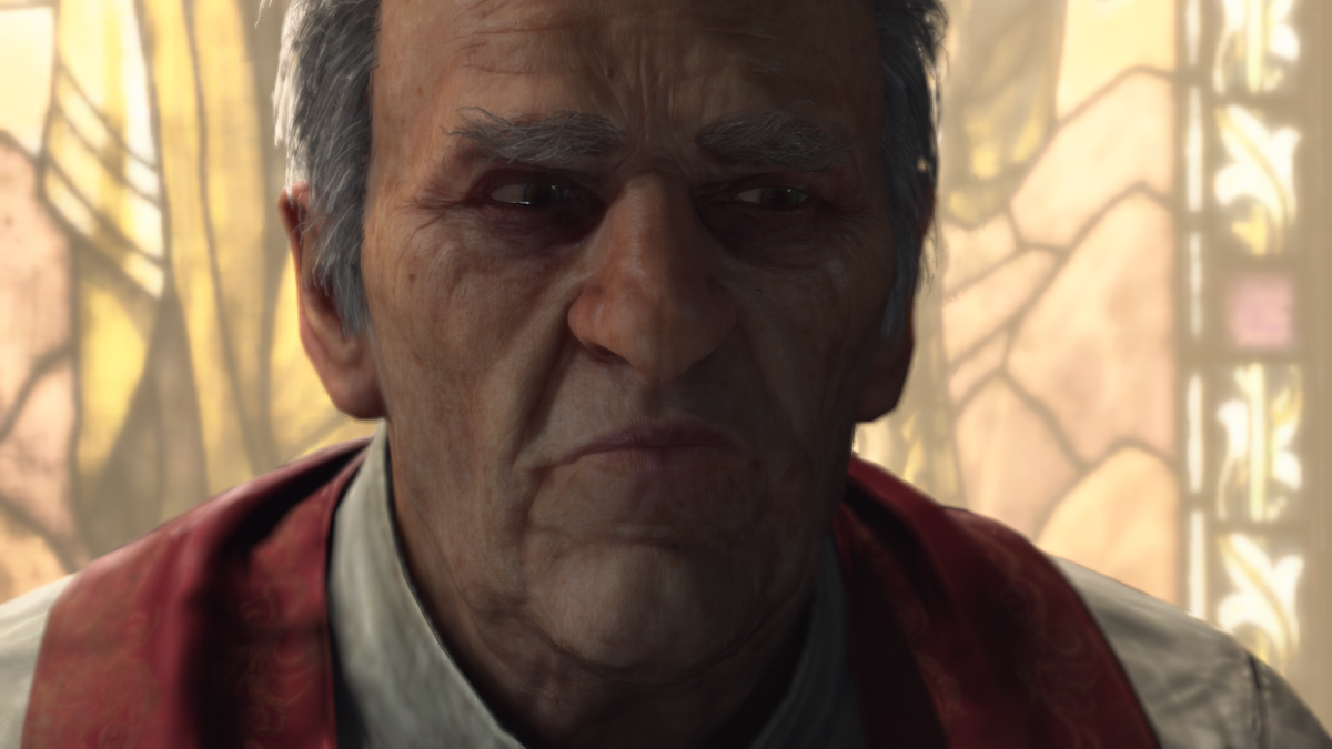 A priest in Diablo 4 looking very annoyed, wearing a red sash.
