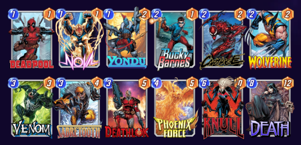 Marvel Snap deck consisting of Deadpool, Nova, Yondu, Bucky Barnes, Carnage, Wolverine, Venom, Sabretooth, Deathlok, Phoenix Force, Knull, and Death 