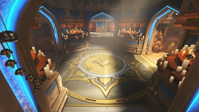 A temple on the Suravasa Flashpoint map in Overwatch.