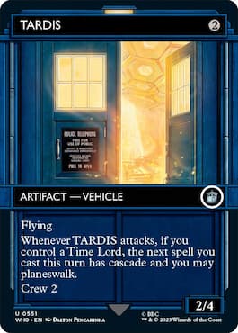 Image of TARDIS with one door open through TARDIS card in Doctor Who MTG Commander set