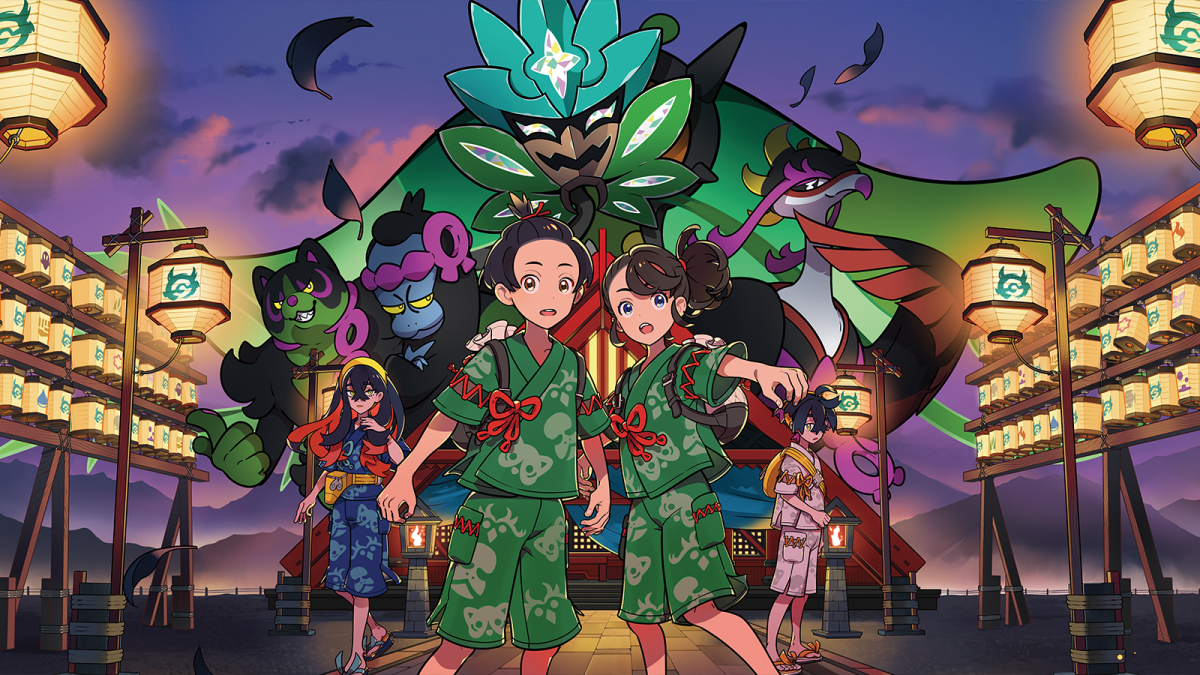Player characters, two new trainers, and various new Pokemon appearing in a promo image for Pokemon Sword and Shield's The Teal Mask DLC.