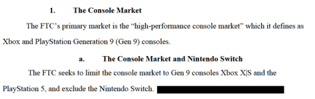 A snipped of the U.S. court papers in which FTC talks about the Nintendo Switch in comparison to Xbox and PlayStation.