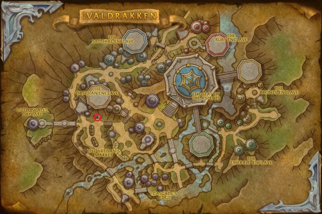 A screenshot of Valdrakken's map with a red circle that shows where the Barbershop can be found in the city.