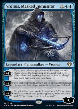 Image of planeswalker Vronos holding a crowsbow in forest through Vronos, Masked Inquisitor CMM Planeswalker Party Precon deck card