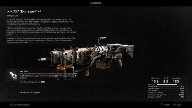 Image displays the information page for the XMG57 'Bonesaw" from Remnant 2. 