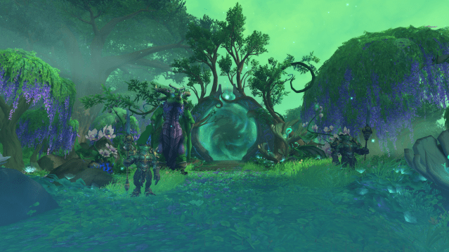 An in-game WoW screenshot of the Ancient Bough in the Ohn'ahran Plains. Ysera is standing in front of a portal to the Emerald Dream.