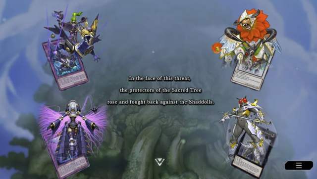 A screenshot from Yu-Gi-Oh showing four cards in the corner with lines of text across the middle of the screen.