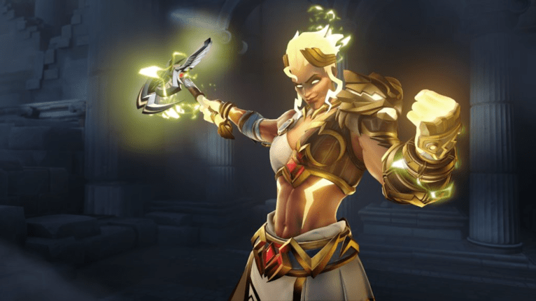 Junker Queen in Overwatch 2, wearing her mythic Zeus edition skin and holding an axe lit by lightning.