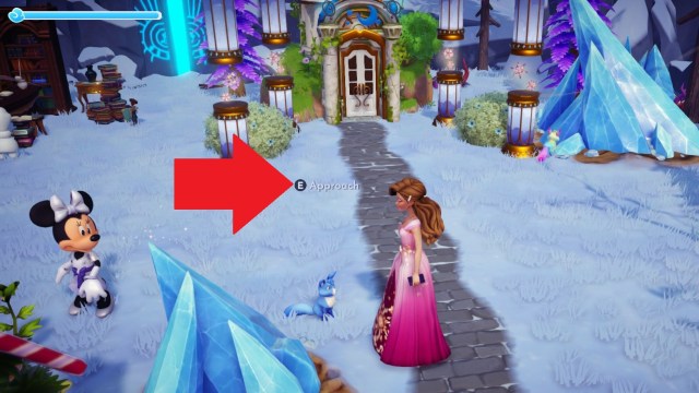 The player preparing to approach a fox as the approach option is displayed right above it.