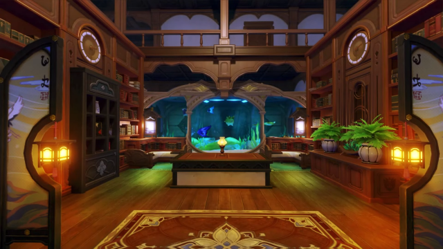 An aquarium sitting center inside a house in Genshin.