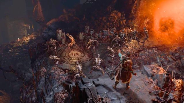 Man standing on a cliff surrounded by bodies in Diablo 4