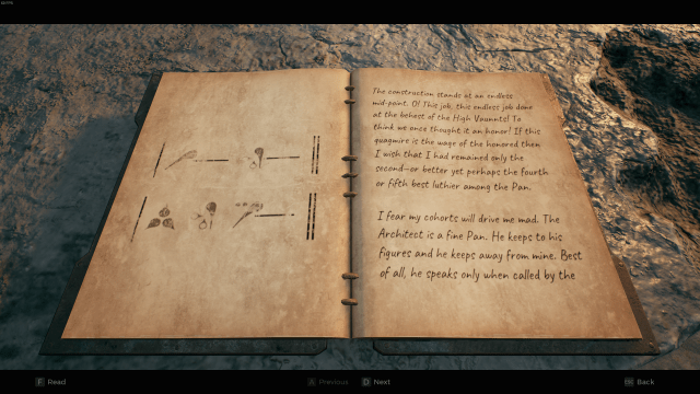 A notebook shows worn pages. The symbols from the music box can be seen on the left page in order, while a journal entry rests on the right page.