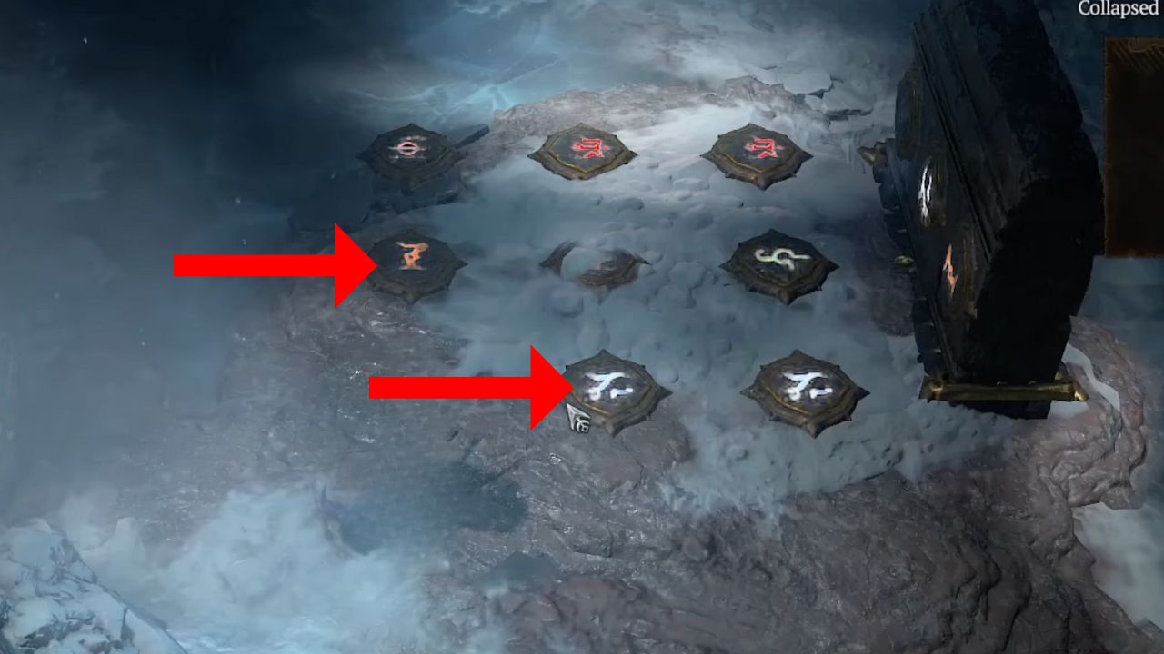 Red arrows pointing to symbols on the ground next to a tablet in Diablo 4