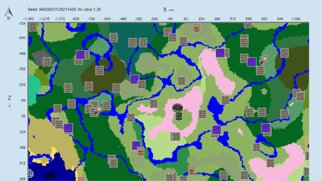 A map of the 69420021128211429 seed in Minecraft.
