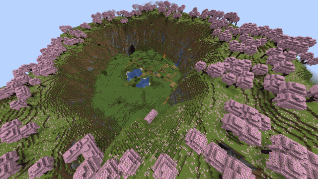 A cherry blossom grove circled around a deep valley with an abandoned village in Minecraft.