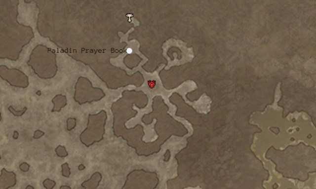 A screenshot of the map in Diablo 4 showing the location of the Paladin Prayer Book with a white circle.