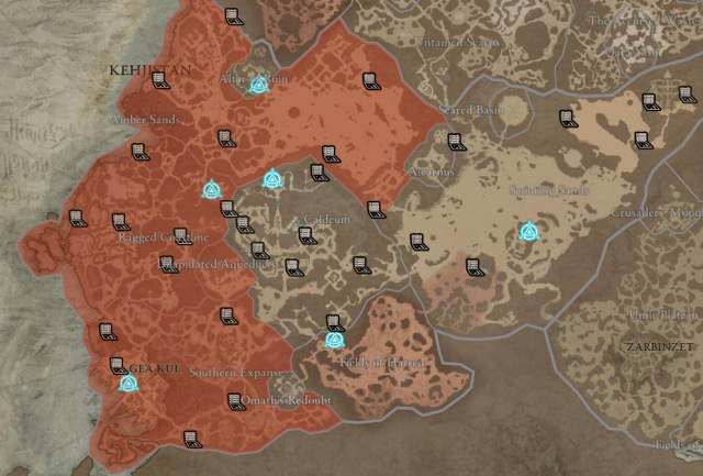 A screenshot of the Diablo 4 map, showing the locations of cellars and waypoints across the Kehjistan region.