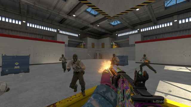 Several terrorists running towards a player in CS2 holding knives in their hands while being shot at by an M4.