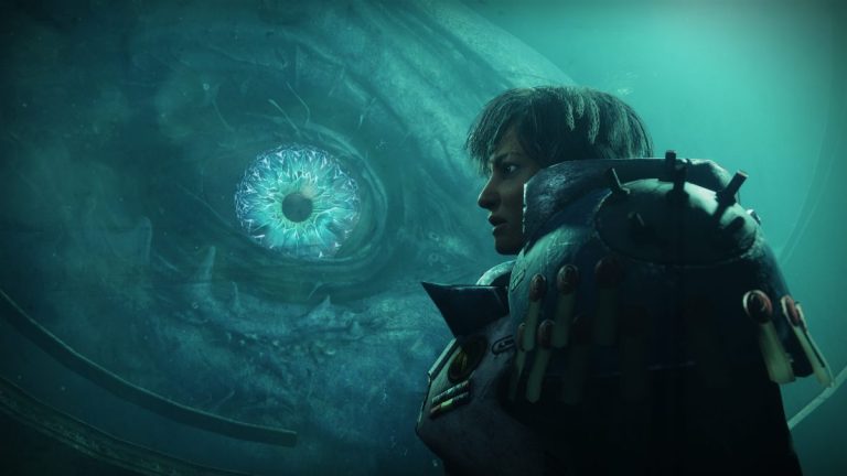 Sloane from Destiny 2 is standing behind a glass observatory window. Outside it, the large eye of an underwater Leviathan is locked onto her.