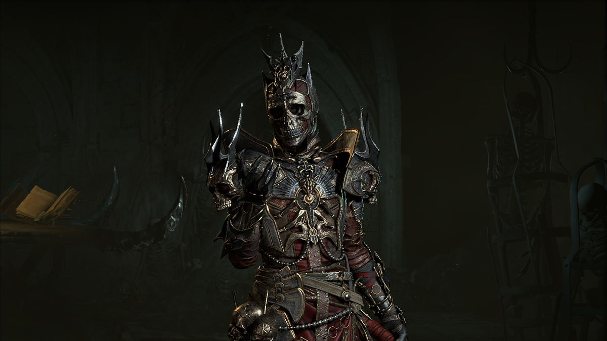A Necromancer in Diablo 4, wearing sharp thorned armor and grinning menacingly.