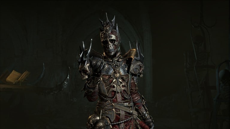 A Necromancer in Diablo 4, wearing sharp thorned armor and grinning menacingly.