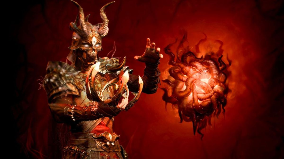 Person wearing leather armor in a horned helmet controlling a glowing red ball in Diablo 4