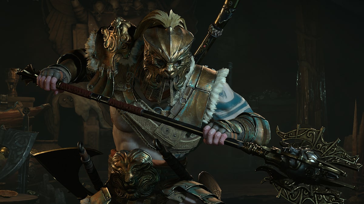 A Diablo 4 character holds a staff preparing to charge, while wearing the new battle pass cosmetic equipment.