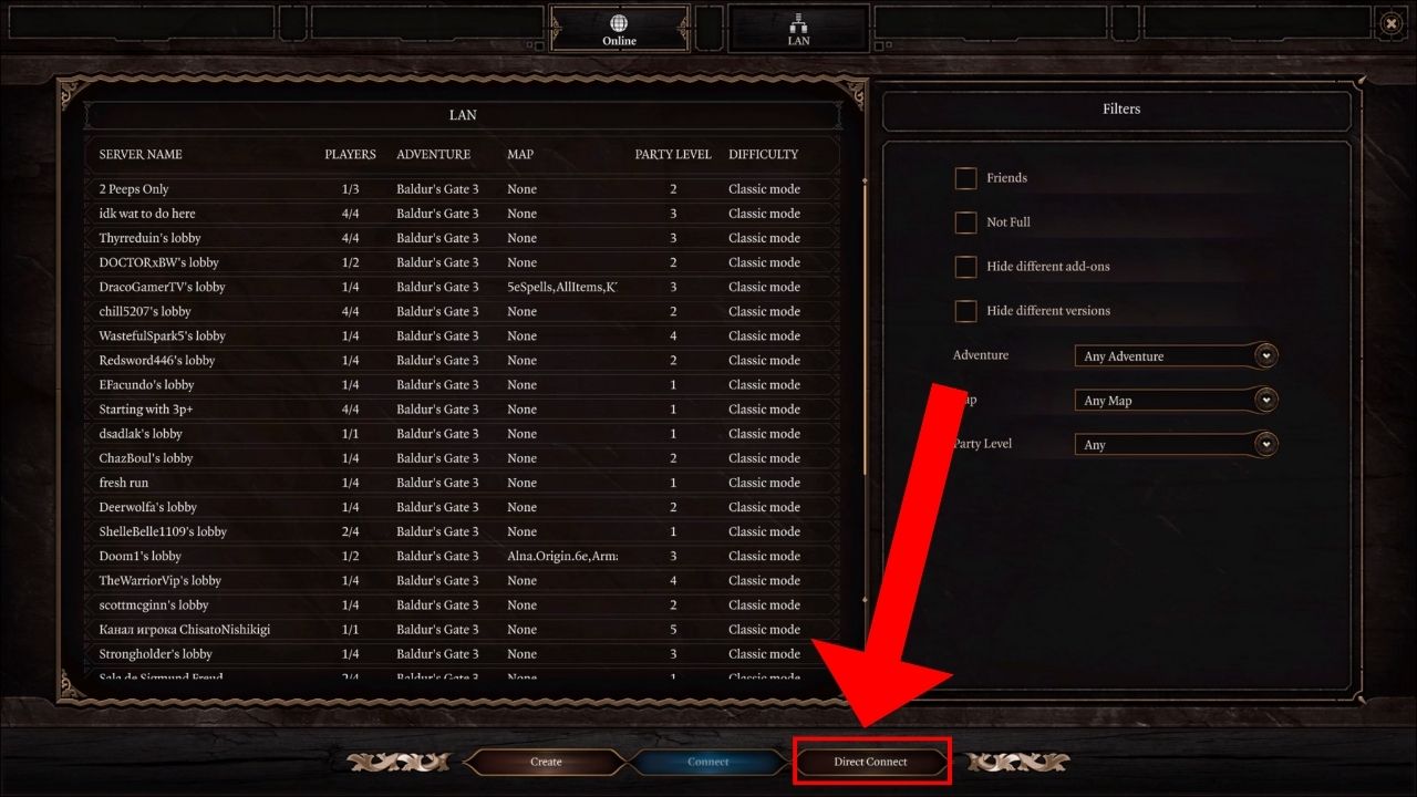Screen showing all lobbies and how to input your direct connection server ID in baldur's Gate 3