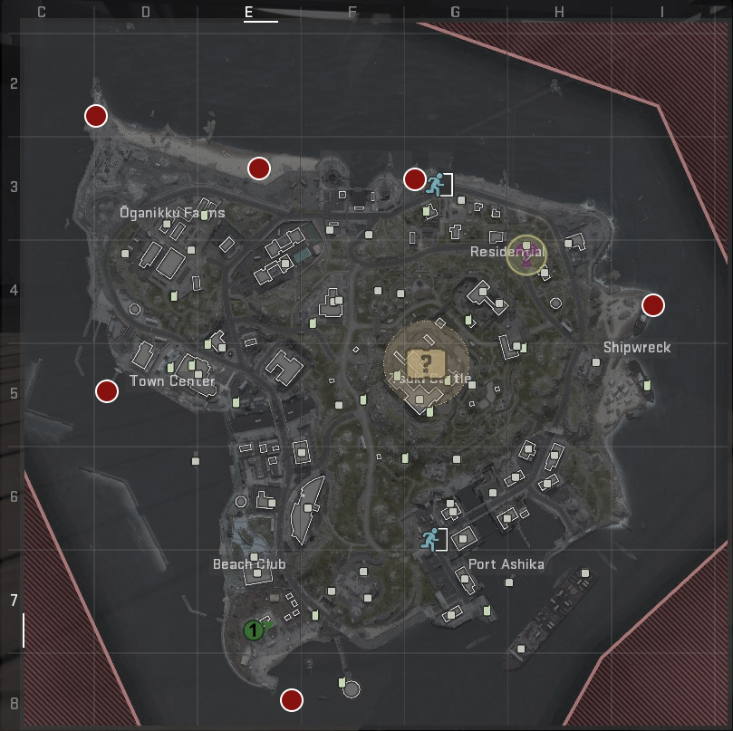 A screenshot of a map of Ashika Island in DMZ, with red circles highlighting the many spawn points the map has.