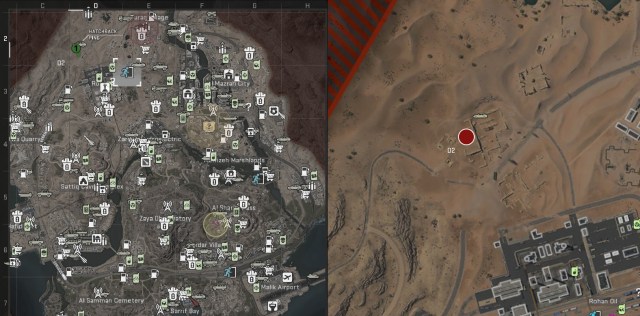 A screenshot of a map of Al Mazrah, with red shapes indicating the location of the Koschei Complex ruins entrance in DMZ.