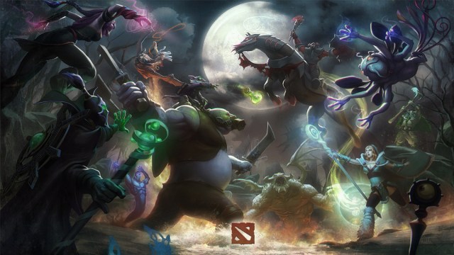 An assortment of Dota 2 heroes collide as the full moon rises, with abilities thrown in every direction.