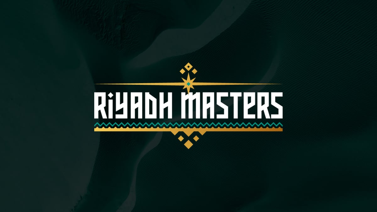 The Riyadh Masters logo hyper imposed over sand dunes.
