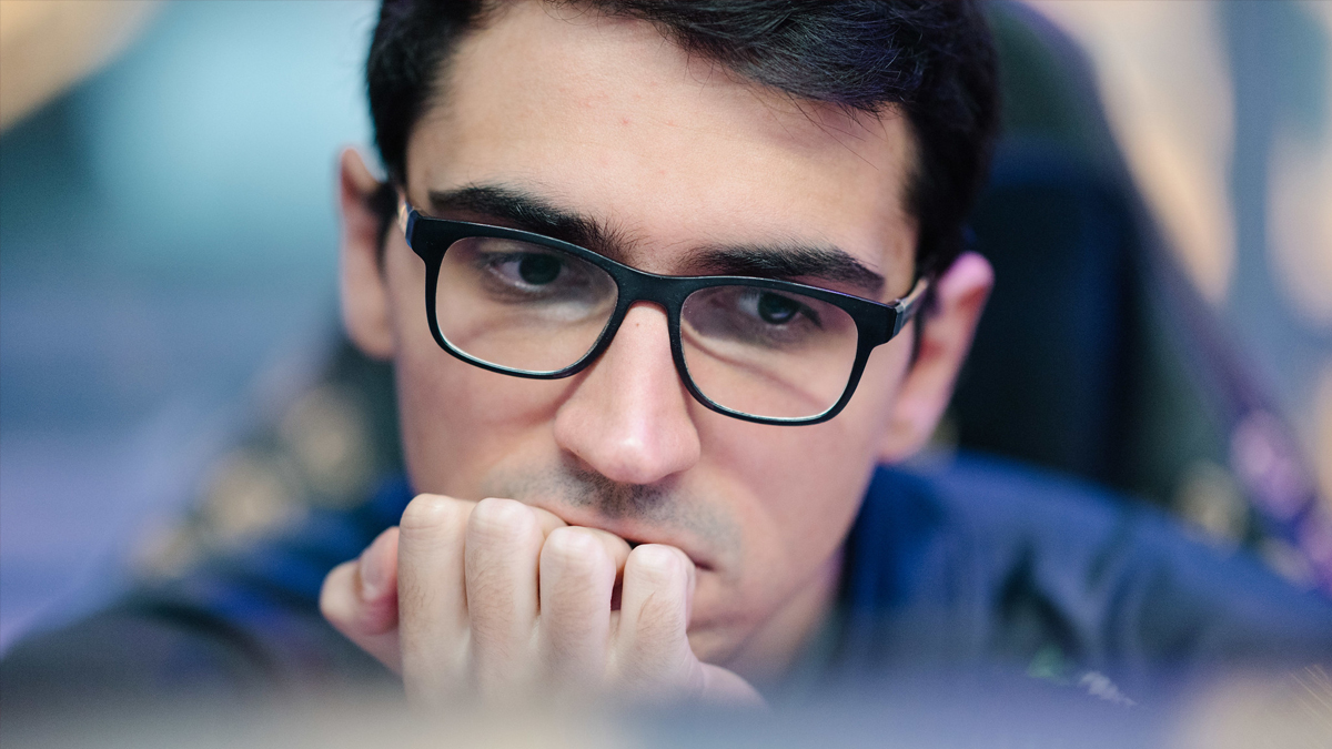 Dota 2 player Saksa sits at his PC at The International.