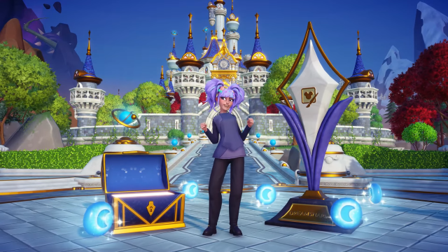 The player standing between a chest of Moonstones and a DreamSnaps trophy. 