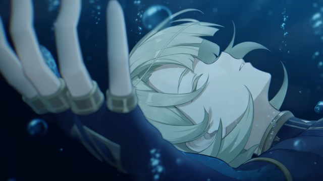 Freminent falling through water with his eyes closed.