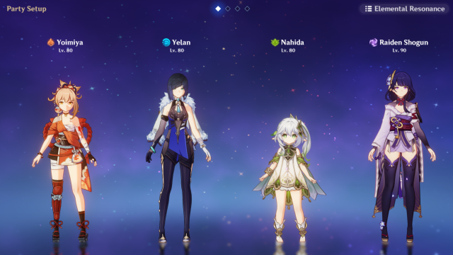 The party setup page in Genshin Impact featuring a team that includes Yoimiya, Yelan, Nahida, and Raiden Shogun.