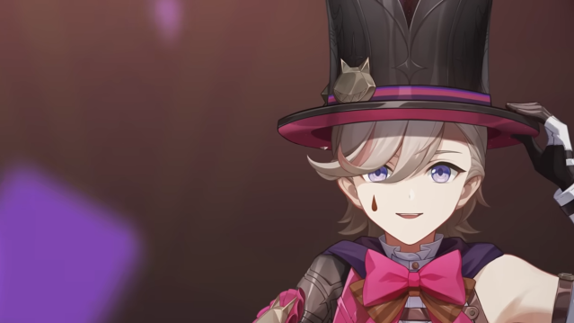 Lyney holding his hit and smiling.