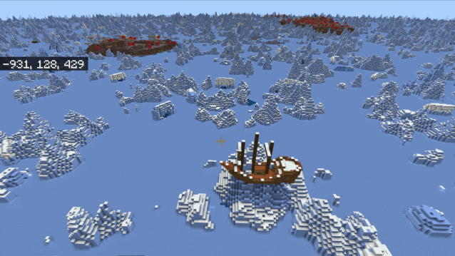 A shipwreck frozen in an icy biome and two mushroom field biomes in the distance behind it.