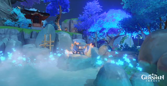 Screenshot showing hot springs in Emerald Peak by night.