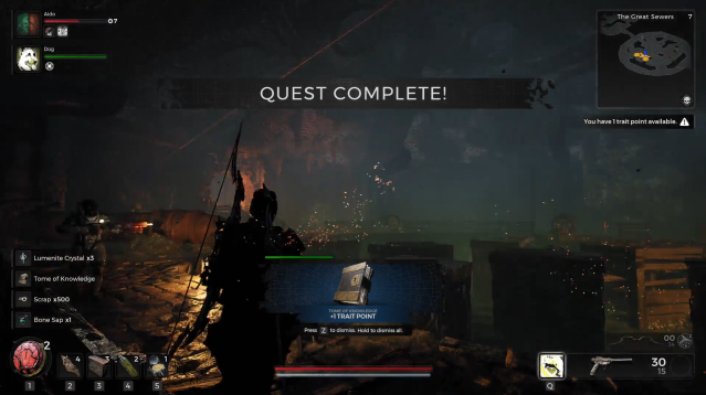 A player stands in an empty cavern in a sewer, holding a bow and receiving rewards for defeating the Bloat King in Remnant 2.