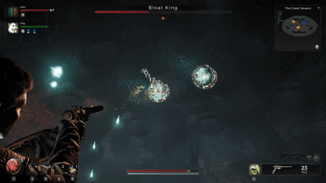 A player shoots at two bright orbs in The Great Sewers in Remnant 2.