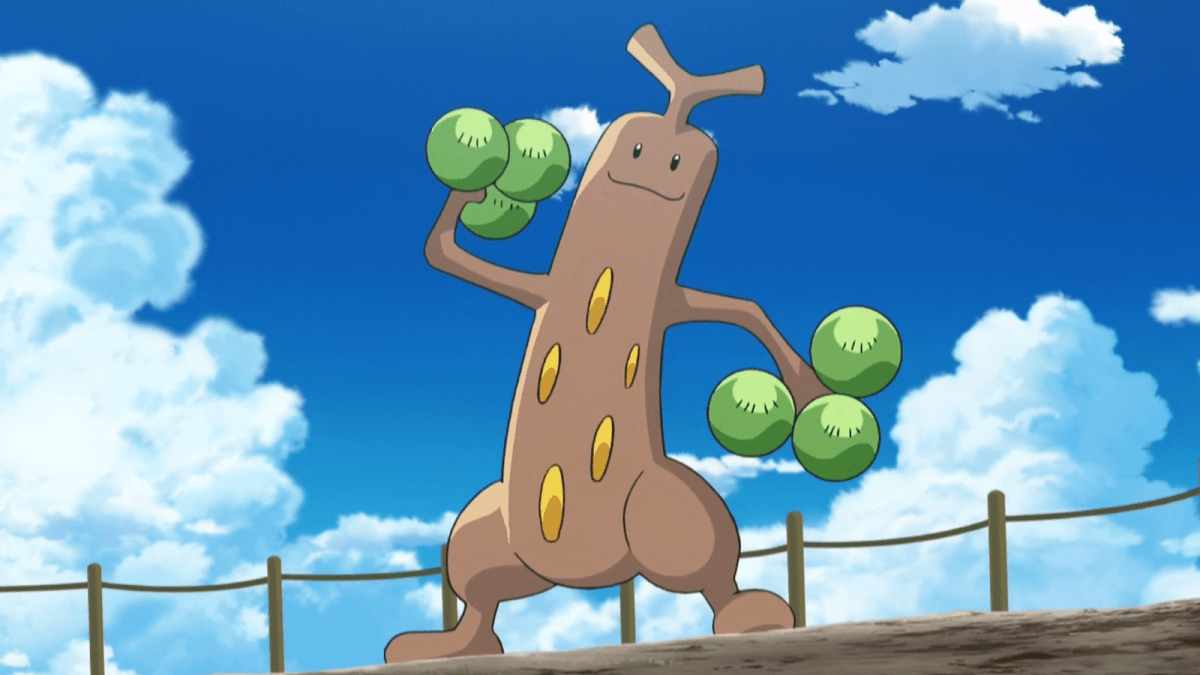 Pokémon Sudowoodo striking a pose on a bridge.