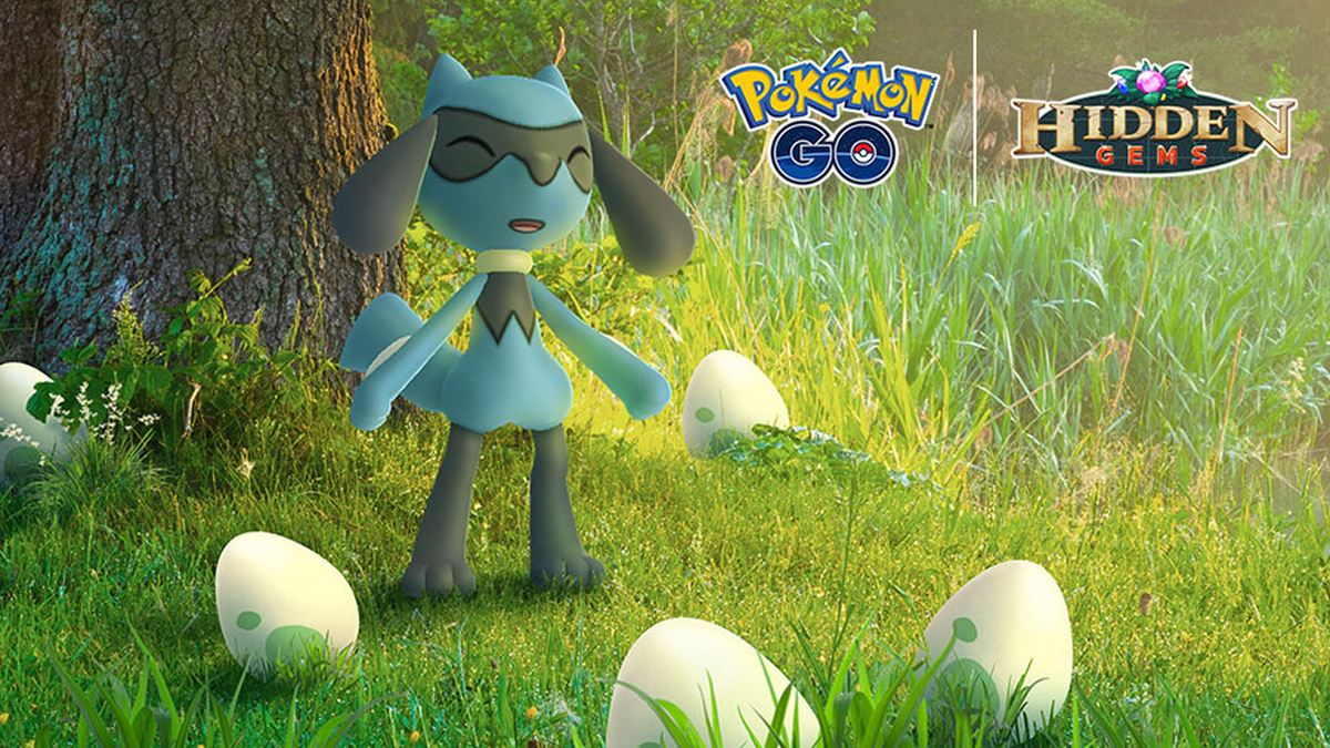 Riolu looking happy around eggs scattered around a tree.