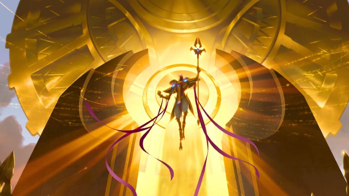 A man holding a large staff surrounded by golden light in the League of Legends universe.